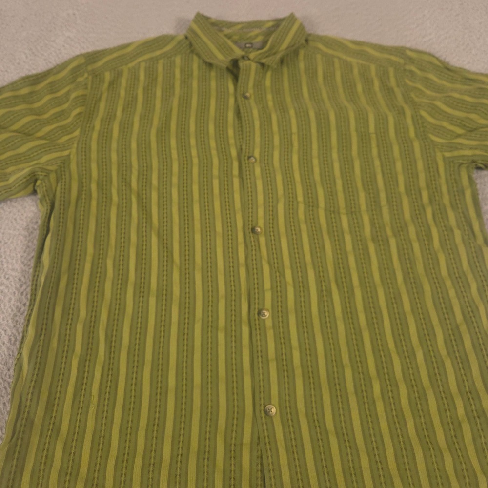 VINTAGE REI Shirt Mens Large Green Vertical Striped Rayon Blend Dobby Travel 00s